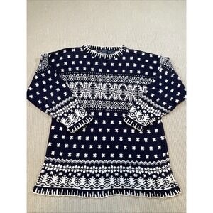 Vtg Muskoka Lakes Women's Large  Tunic Sweater Nordic Fair Isle Ski Cabin Navy